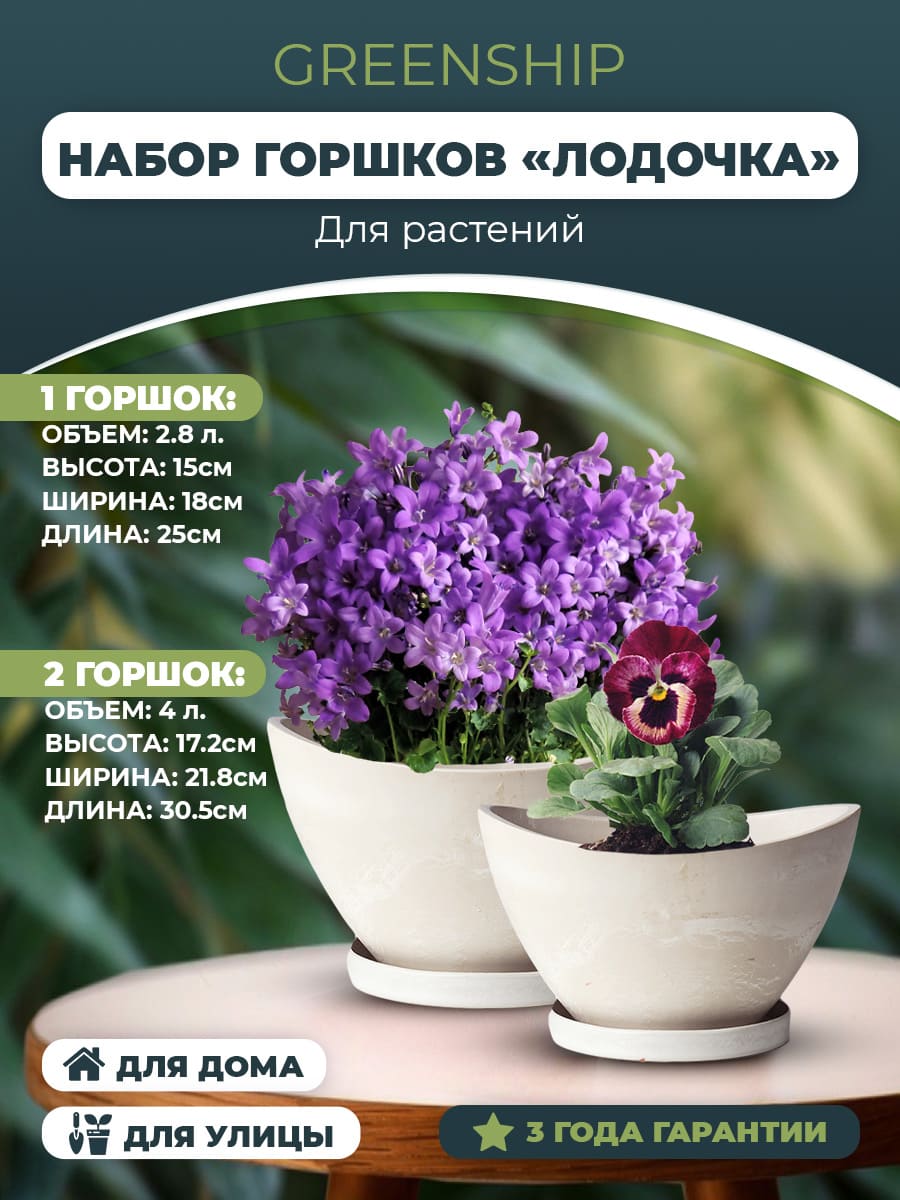 Комплект из горшков для растений "Лодочка" + поддон H-09YB_2бк