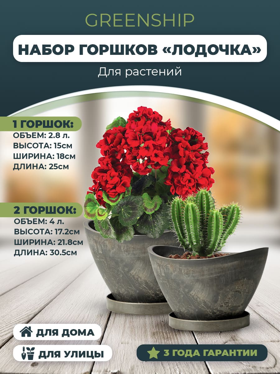 Комплект из горшков для растений "Лодочка" + поддон H-09YB-2ду